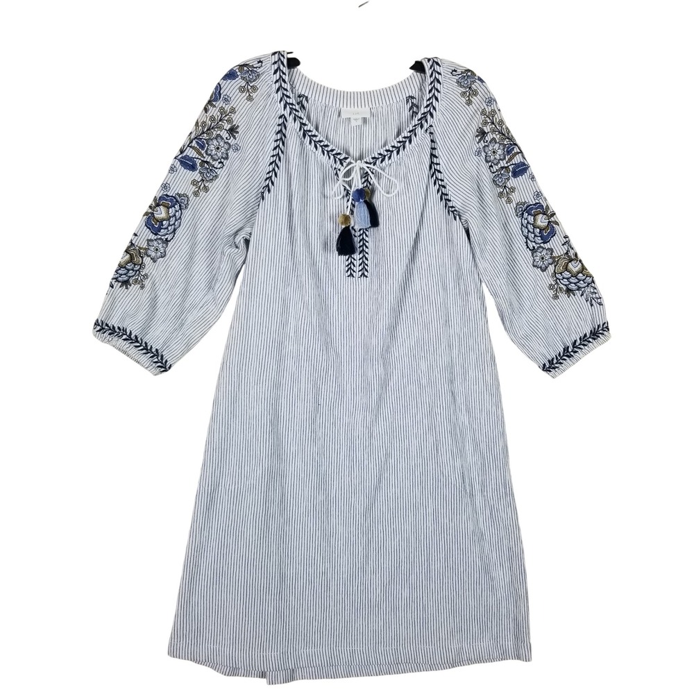J. Jill Shift Dress Womens Small Blue Whiteβ Striped Embroidered Tassel Boho S